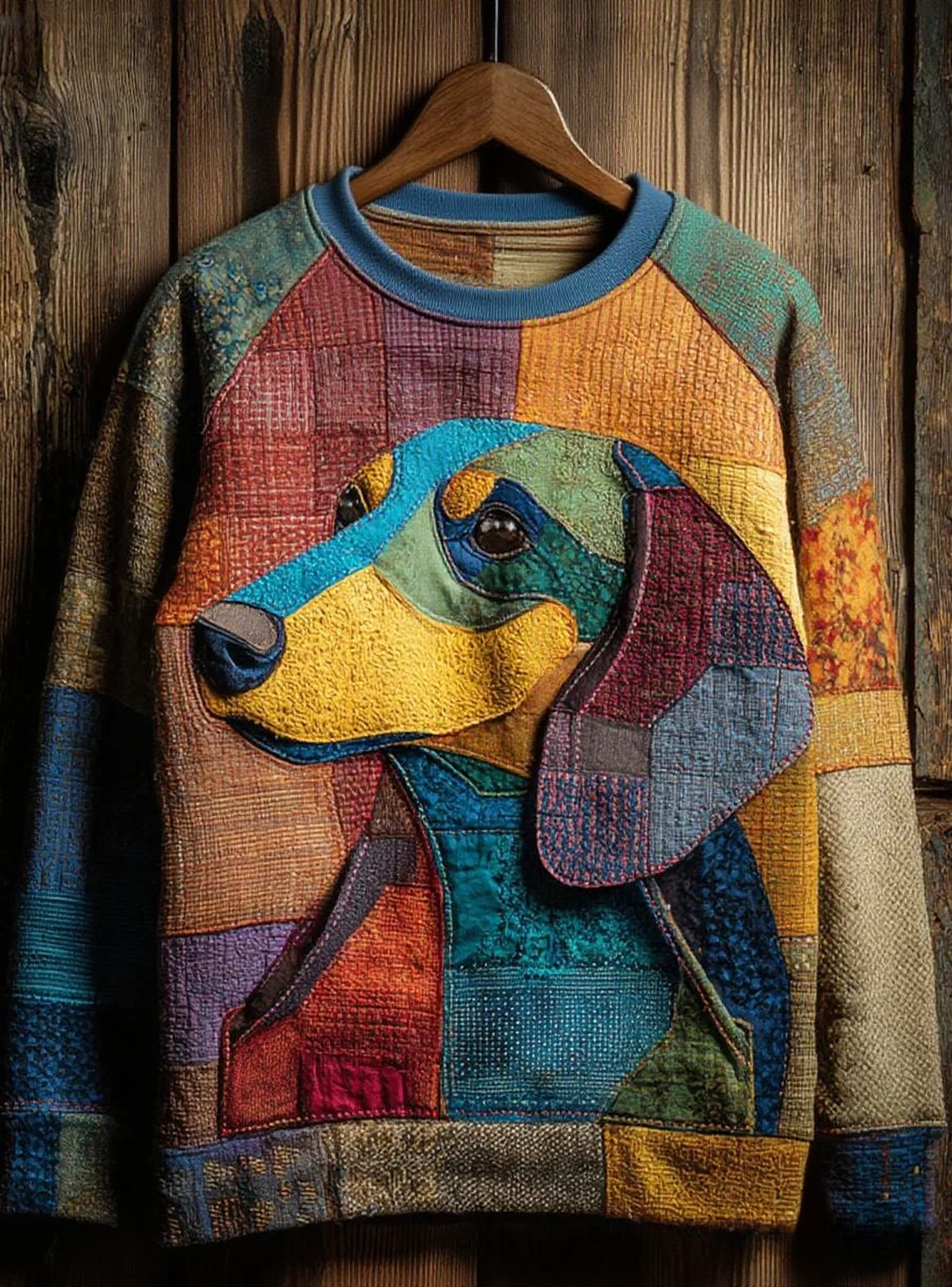 Felicia | Sweatshirt med hund med kunstprint, patchwork og vintage-look
