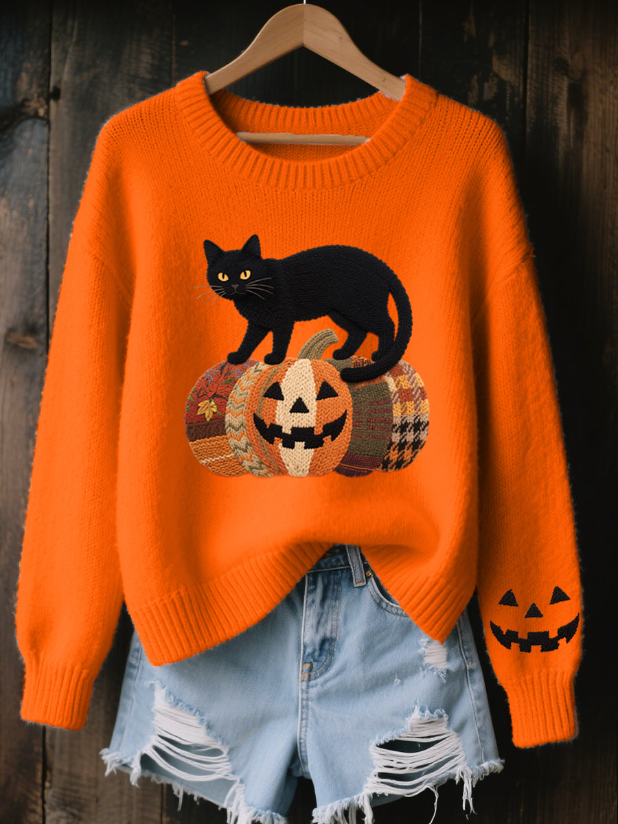 Marie | Striktrøje med sort kat med broderi og halloweentema