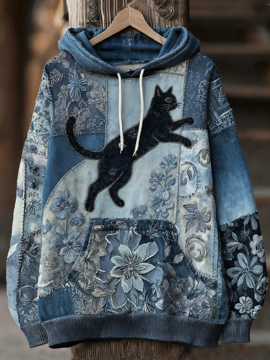 Nicoline | Hættetrøje med kat med print og patchwork