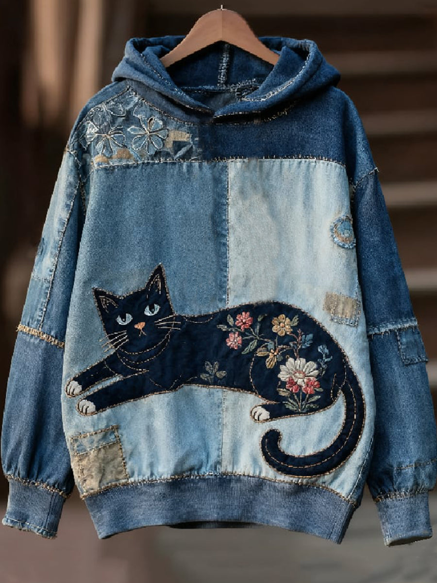 Anja | Hættetrøje med kat med print og patchwork