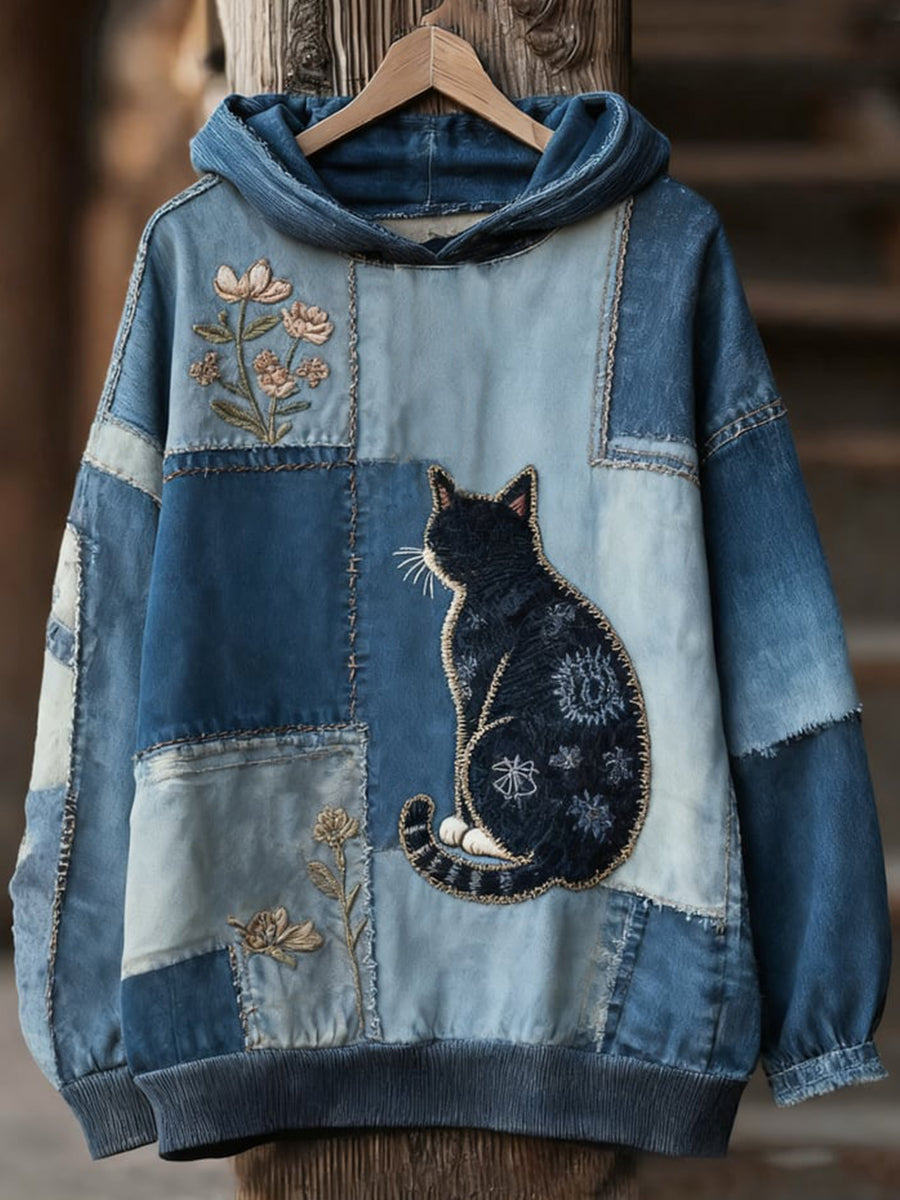 Birgitte | Hættetrøje med kat med print og patchwork