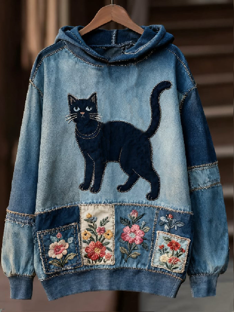 Camilla | Hættetrøje med kat med print og patchwork