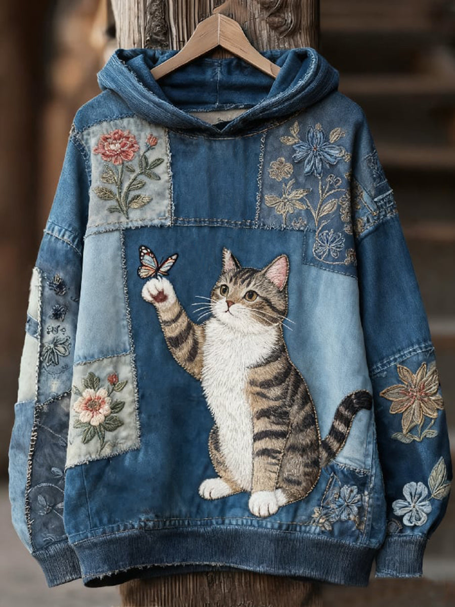 Nina | Hættetrøje med kat med print og patchwork