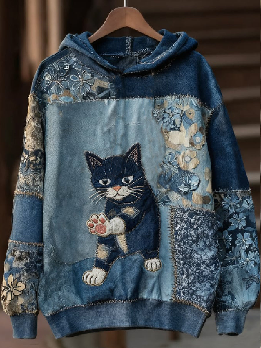 Pernille | Hættetrøje med kat med print og patchwork