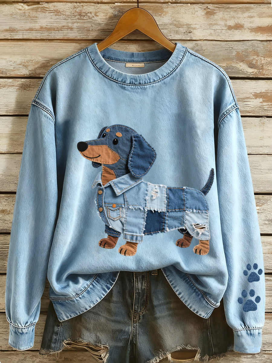 Merle | Sweatshirt med denim patchwork og gravhundemotiv og kunstprint