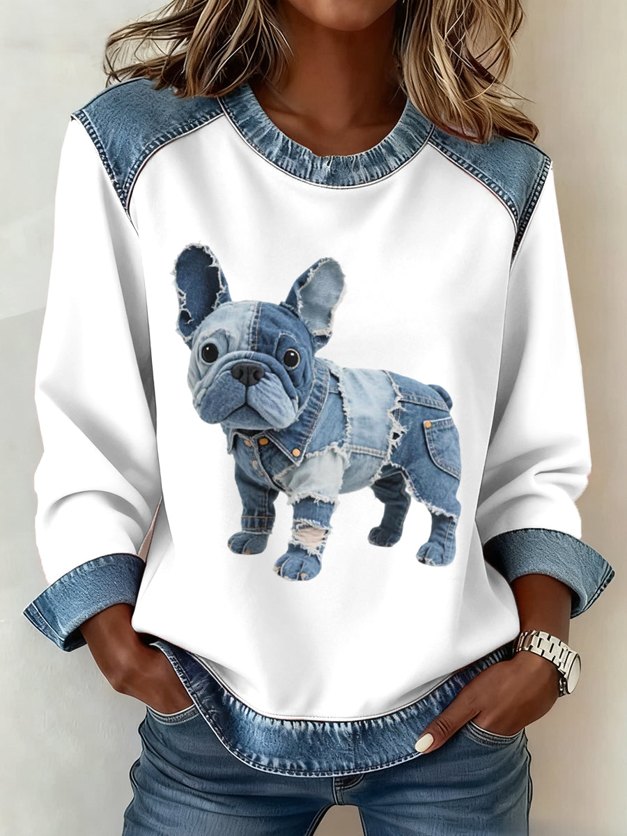 Viola | Sweatshirt med denim patchwork og bulldogmotiv