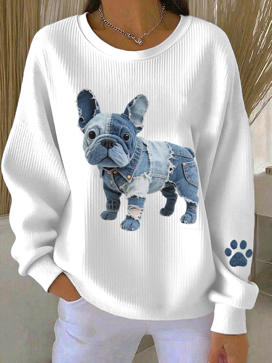 Ella | Sweatshirt med denim patchwork og bulldogmotiv