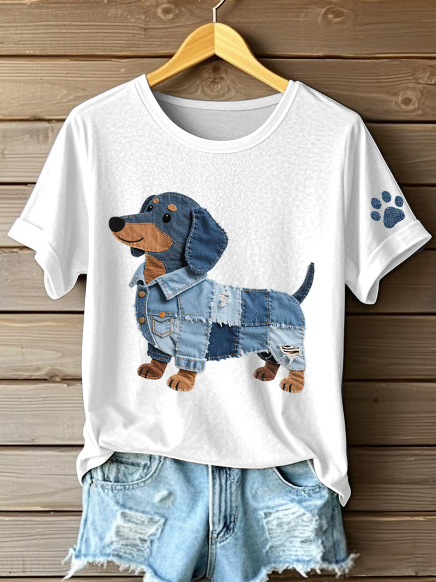 Alberte | T-shirt med denim patchwork og gravhundemotiv og kunstprint