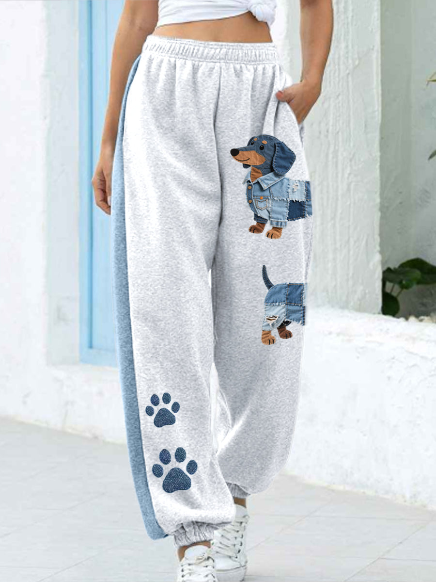 Julie | Afslappede bukser med denim patchwork og gravhundemotiv og kunstprint