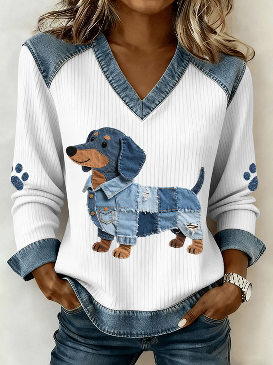 Freja | Overdel med denim patchwork og gravhundemotiv og kunstprint
