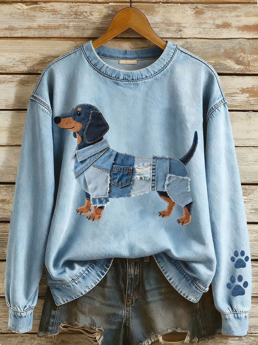 Line | Sweatshirt med denim patchwork og gravhundemotiv og kunstprint