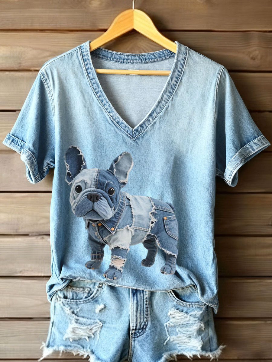 Emma | V-hals T-shirt med bulldogmotiv