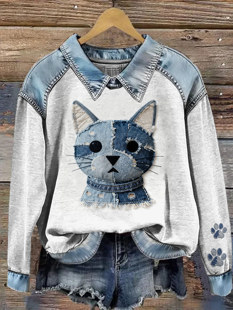 Emma Marie | Sweatshirt med denim patchwork og kunstprint