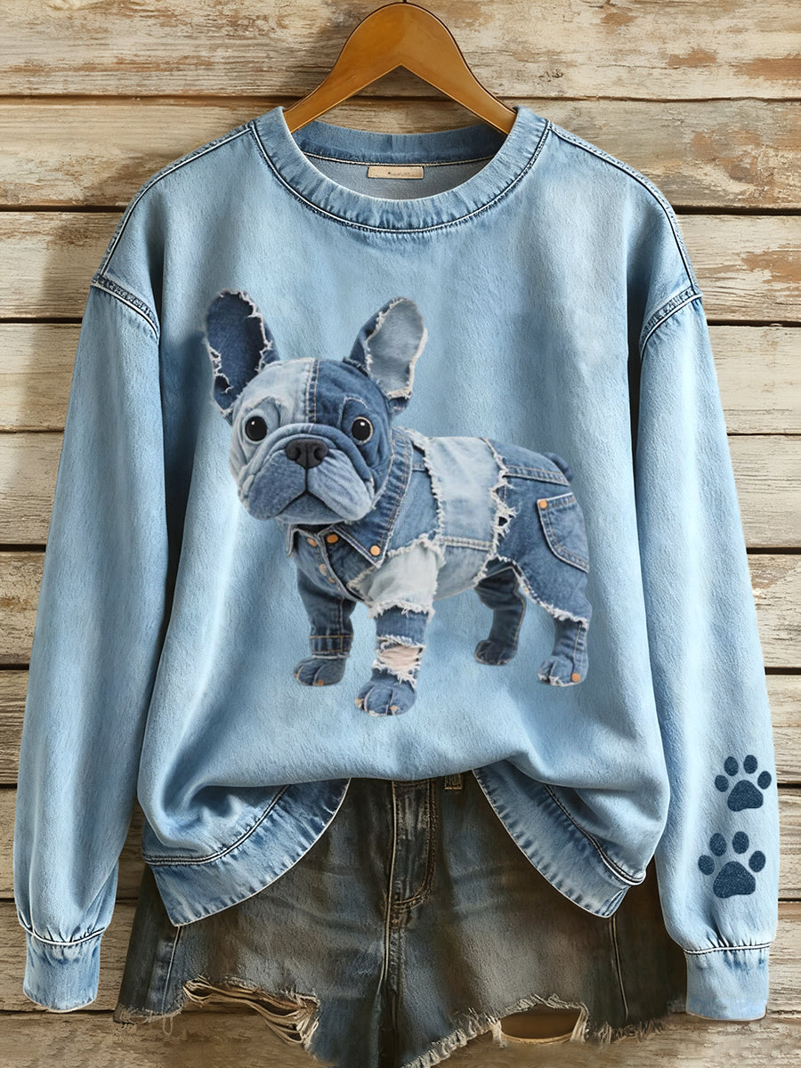 Alma | Sweatshirt med patchwork og bulldogmotiv