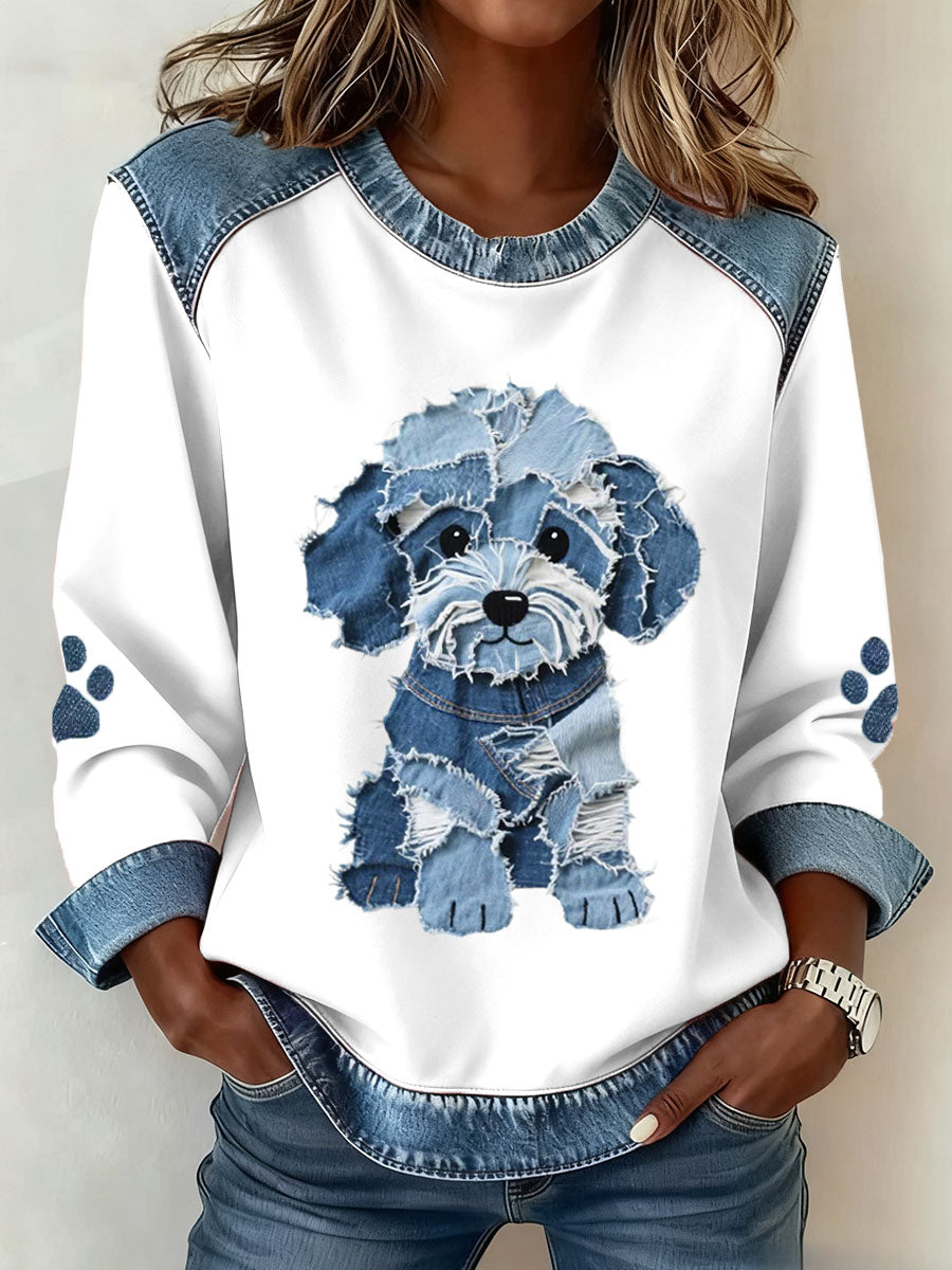 Nora | Sweatshirt med denim patchwork og hundemotiv