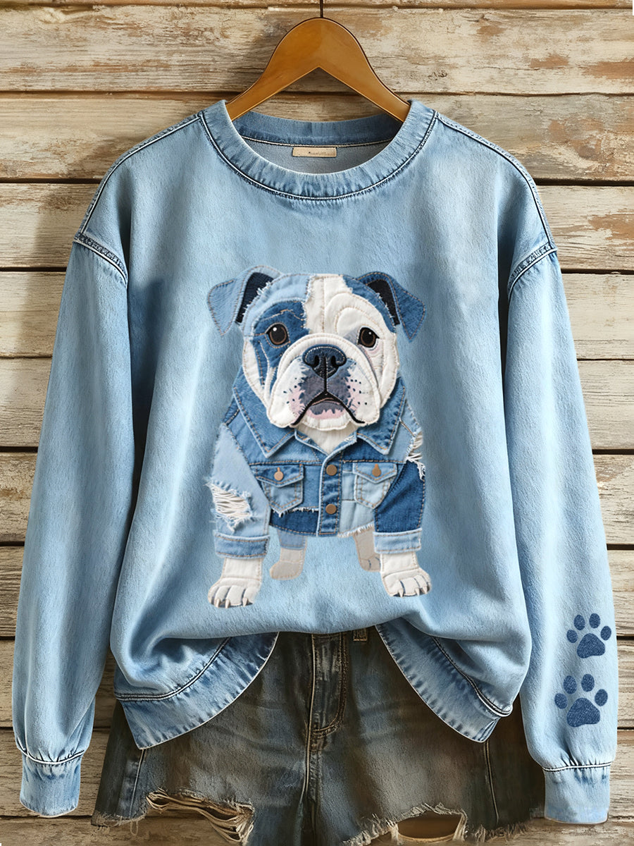 Mathilde Marie | Sweatshirt med denim patchwork og bulldogmotiv