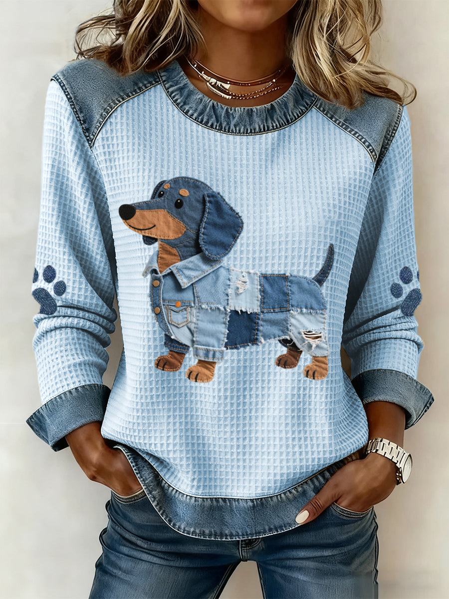 Leonora | Sweatshirt med patchwork og gravhundemotiv