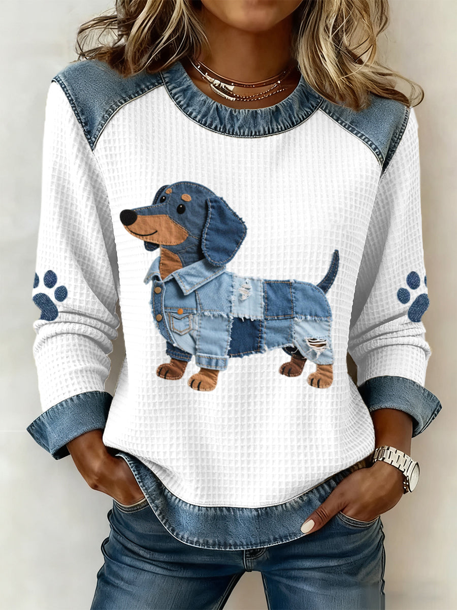Leonora | Sweatshirt med patchwork og gravhundemotiv