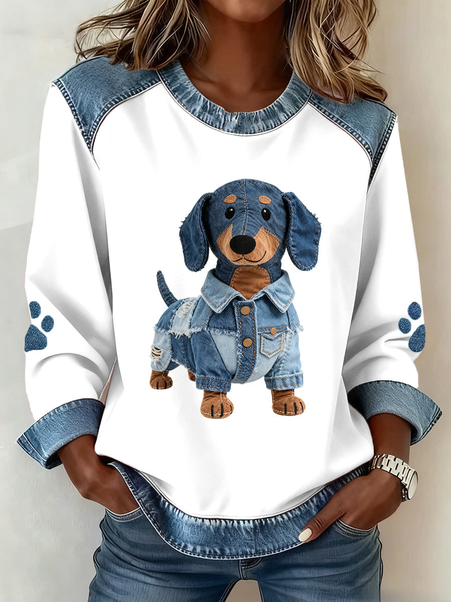 Andrea | Sweatshirt med denim patchwork og gravhundemotiv