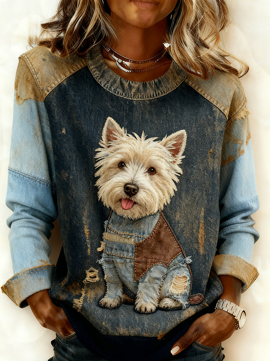 Clara | Sweatshirt med patchwork og dyreprint og kunstprint