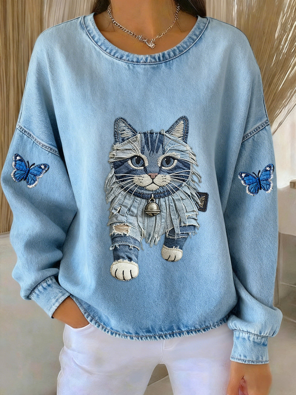 Mynte Marie | Hættetrøje med patchwork og kattemotiv og kunstprint