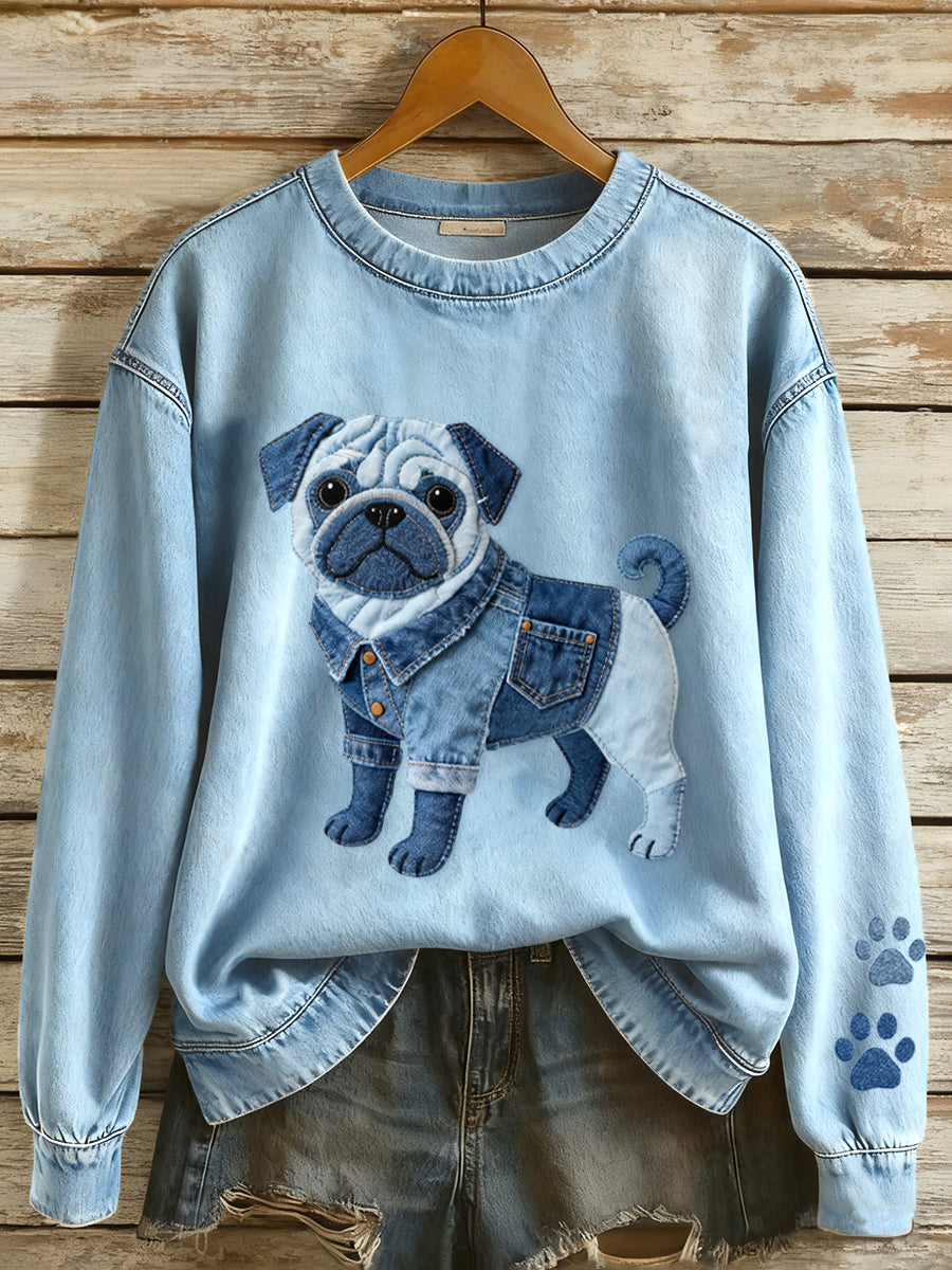 Liva Marie | Sweatshirt med denim patchwork og mopsemotiv