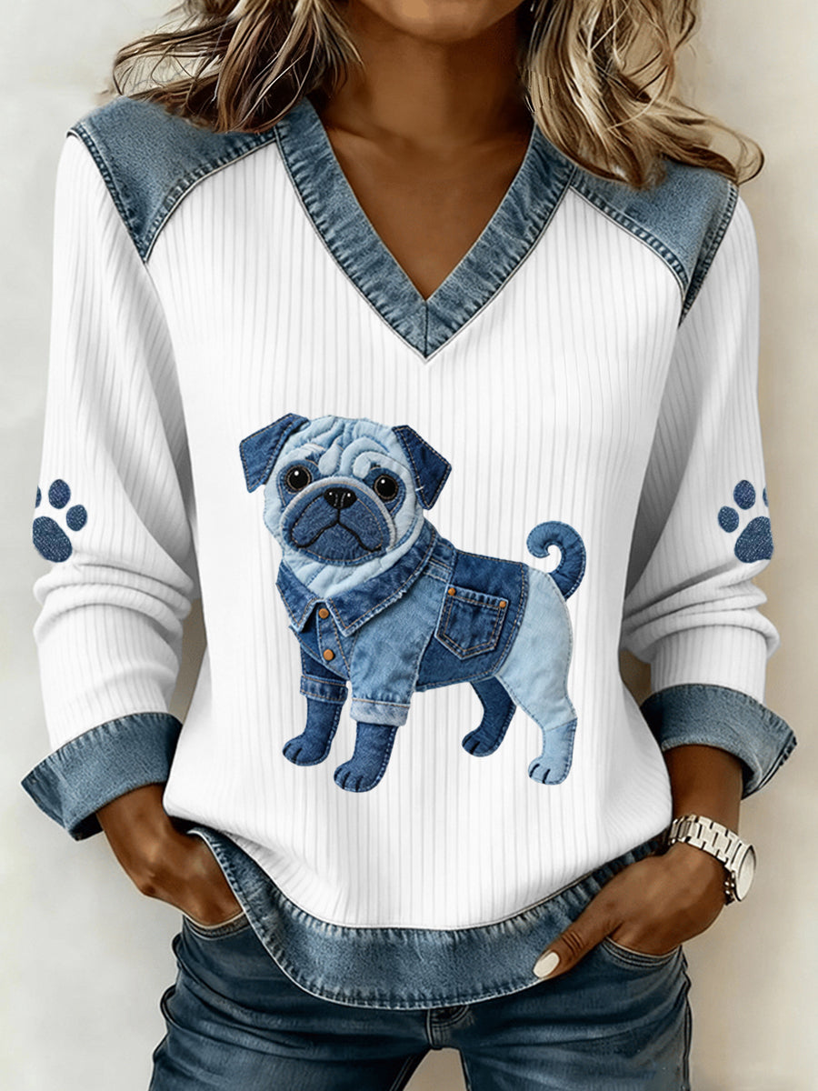 Frigg Marie | Overdel med denim patchwork og mopsemotiv