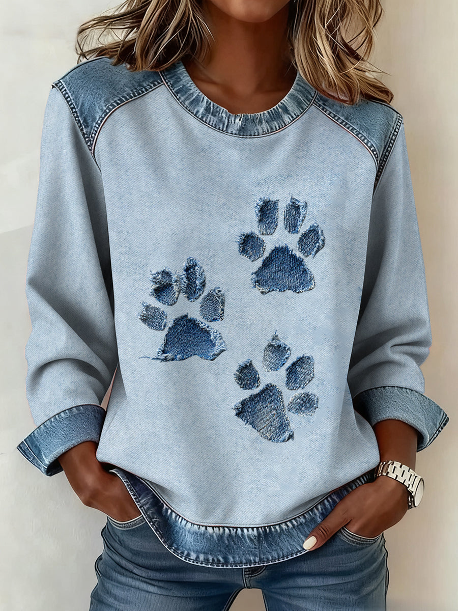 Frida Marie | Sweatshirt med denim patchwork og hundemotiv
