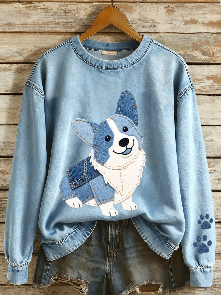 Line Sofie | Sweatshirt med denim patchwork og corgimotiv og kunstprint