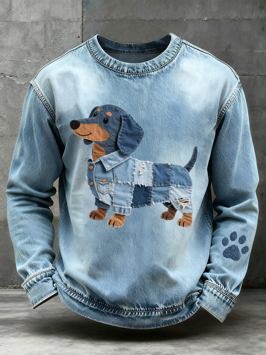 Sara Marie | Sweatshirt med denim patchwork og gravhundemotiv og kunstprint