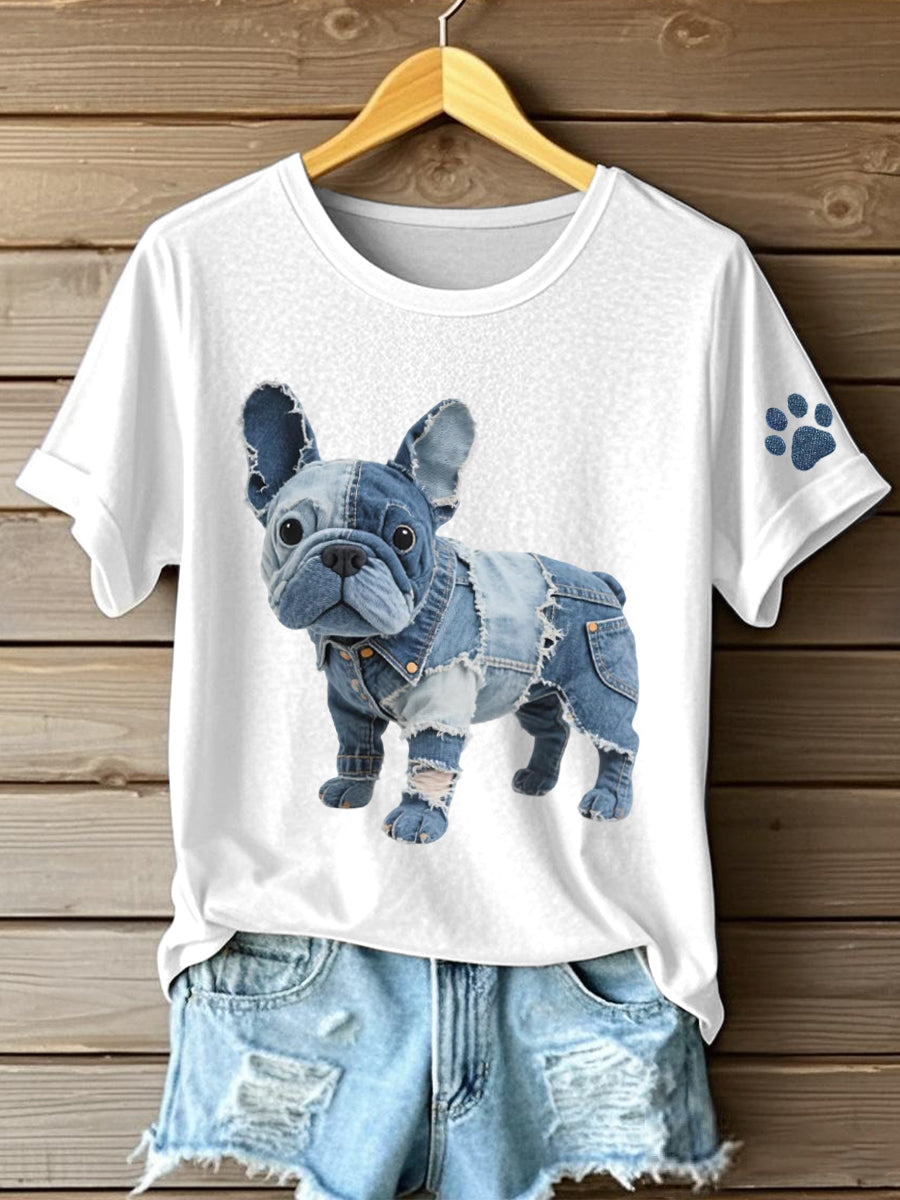 Wilma | T-shirt med denim patchwork og bulldogmotiv