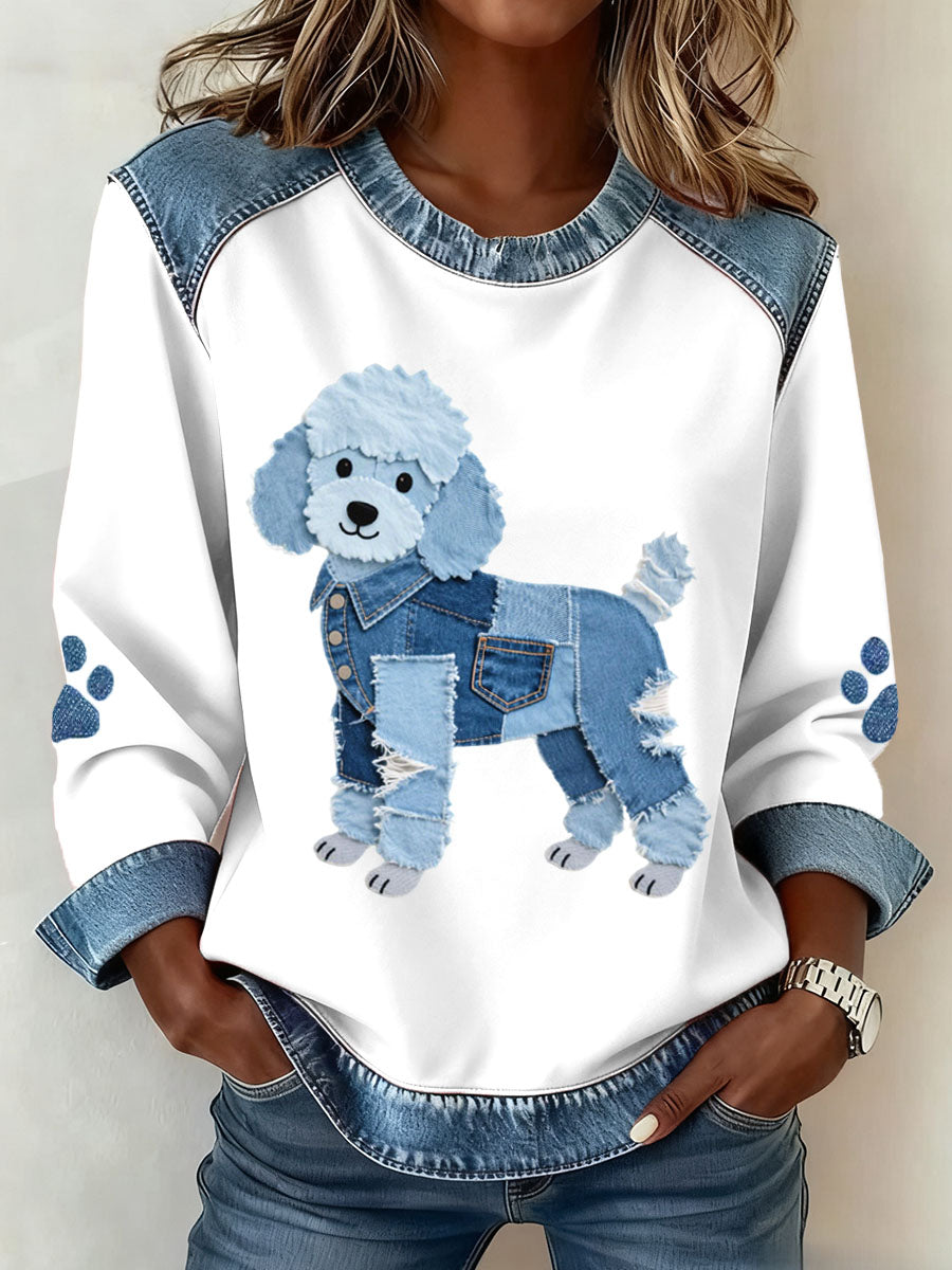 Gry Marie | Sweatshirt med denim patchwork og puddelmotiv