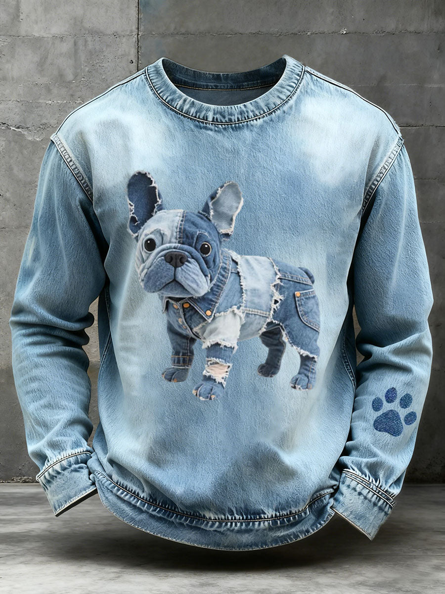 Ellen | Sweatshirt med denim patchwork og bulldogmotiv