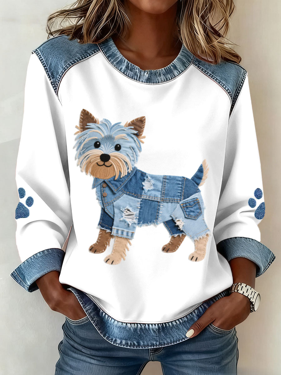 Vilma | Sweatshirt med denim patchwork og hundemotiv