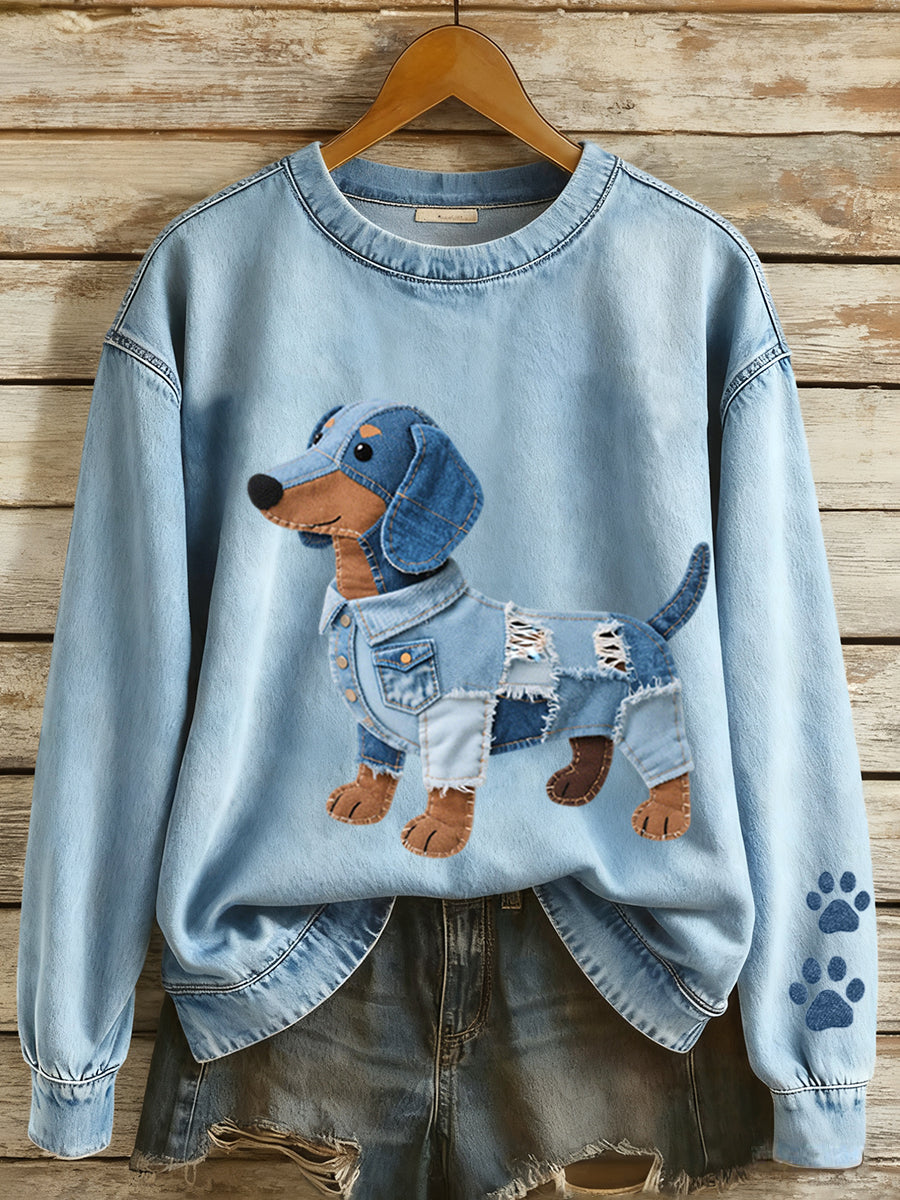 Klara Marie | Sweatshirt med denim patchwork og gravhundemotiv og kunstprint
