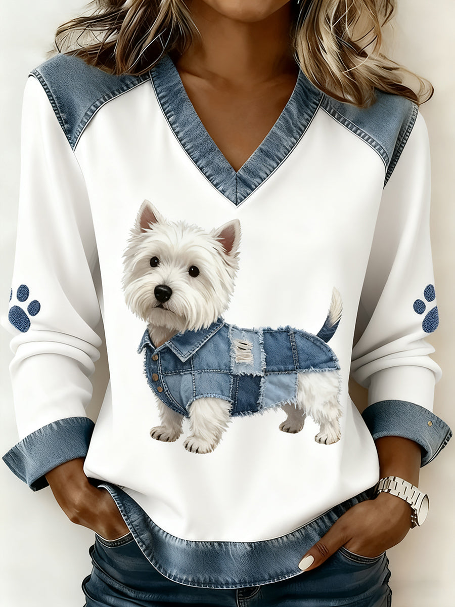 Luna Marie | V-hals top med patchwork og dyreprint og kunstprint