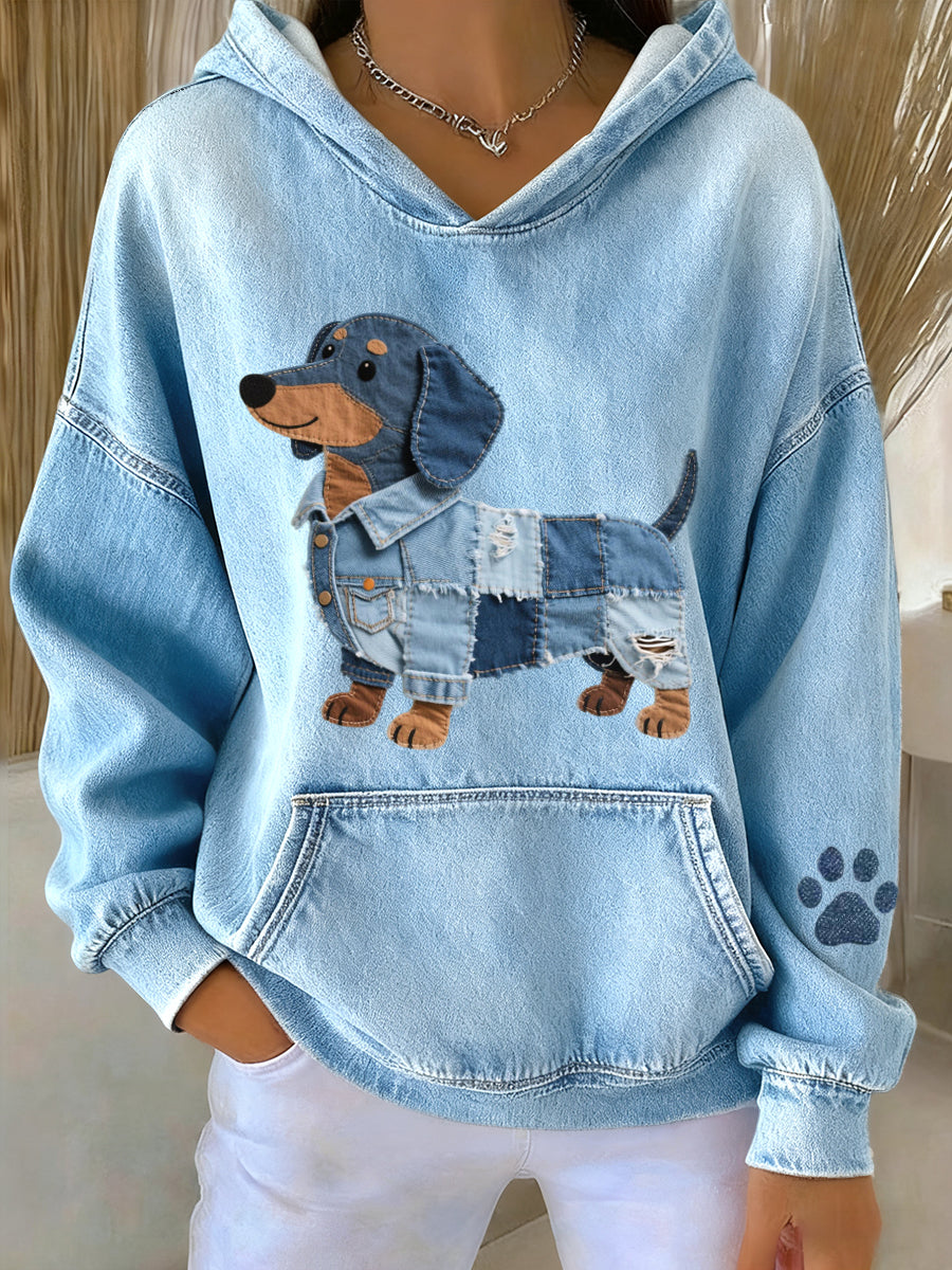 Sigrid | Hættetrøje med denim patchwork og gravhundemotiv