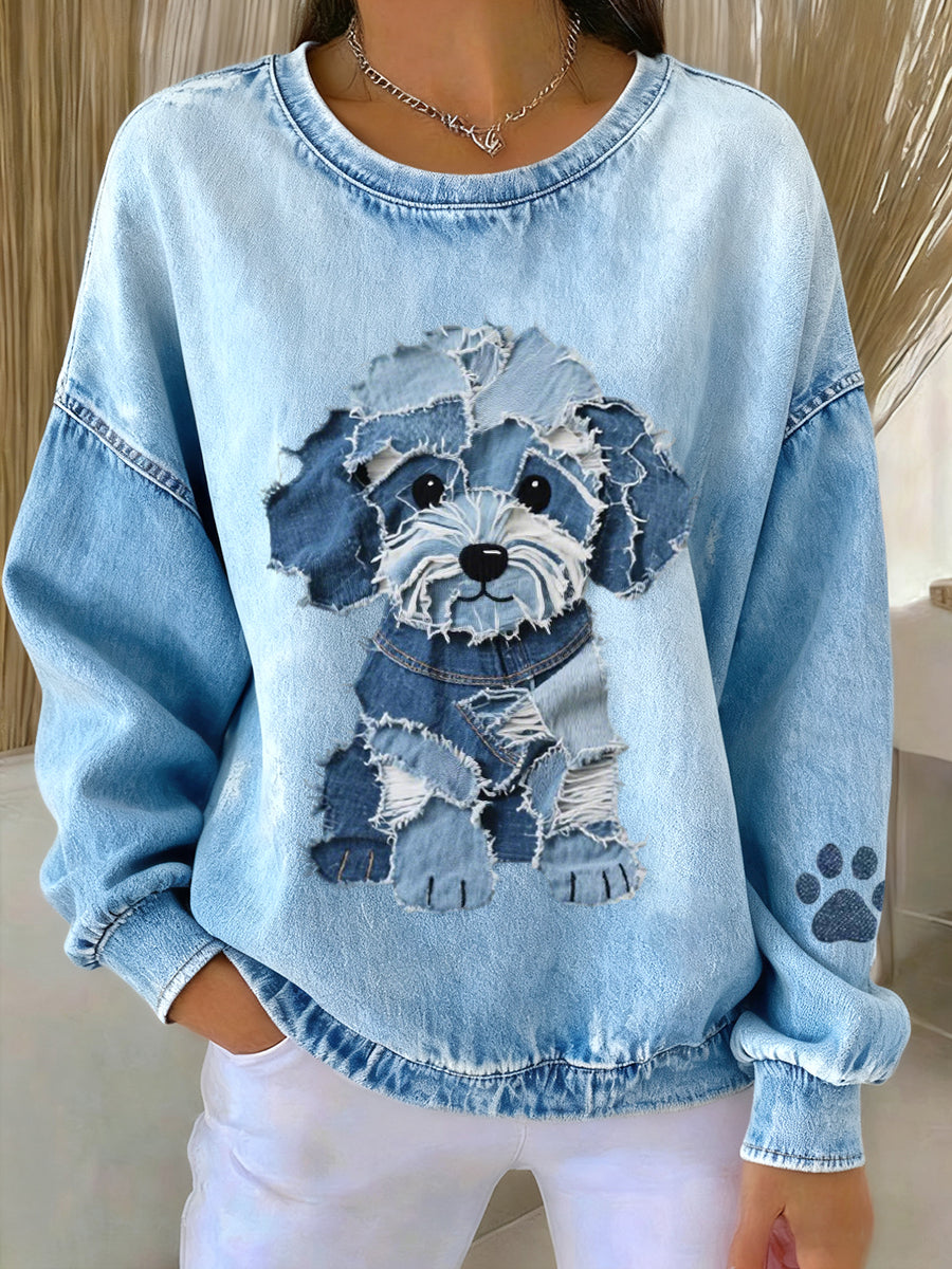 Grethe | Sweatshirt med denim patchwork og hundemotiv