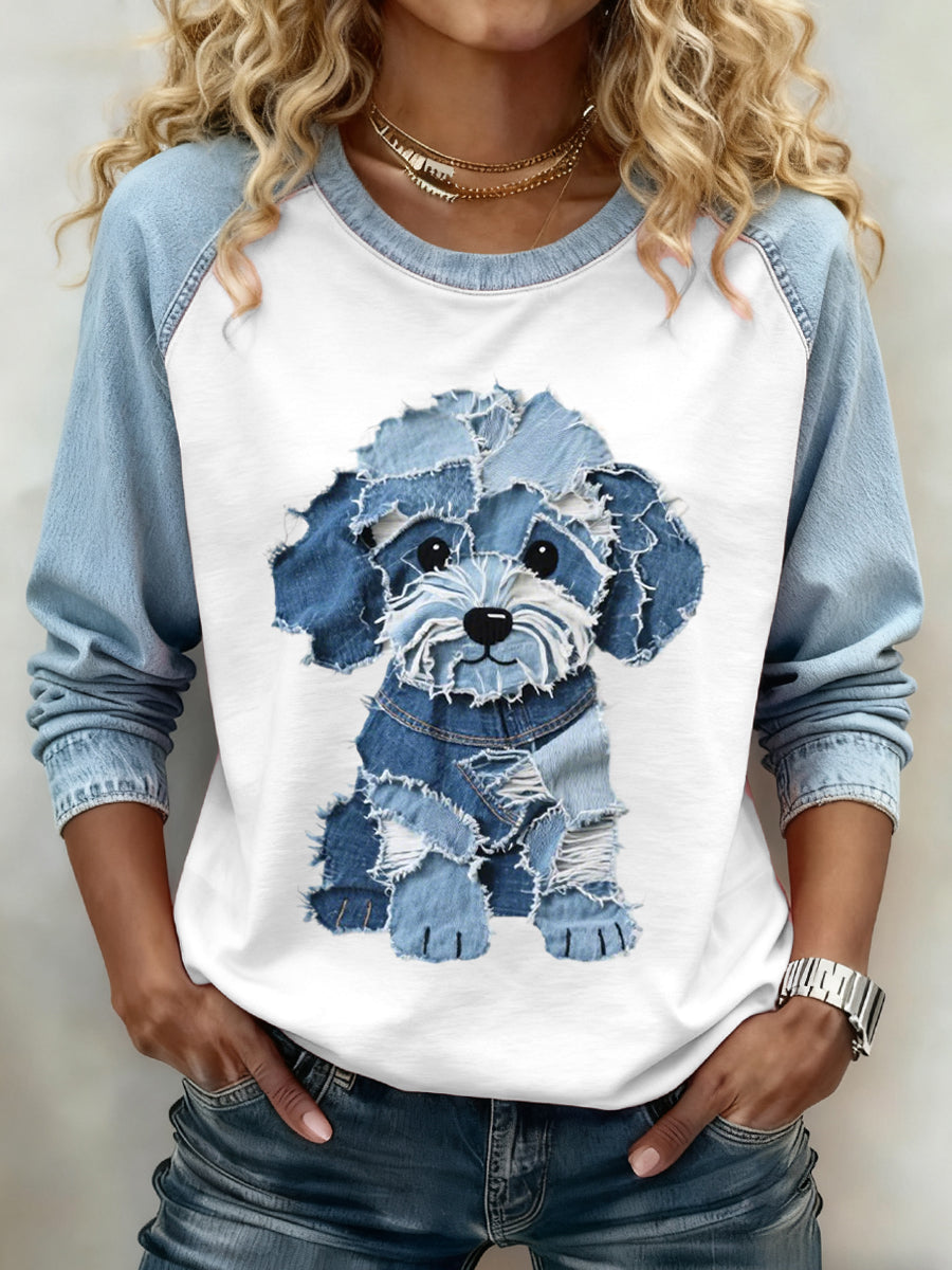 Selma | Sweatshirt med denim patchwork og hundemotiv