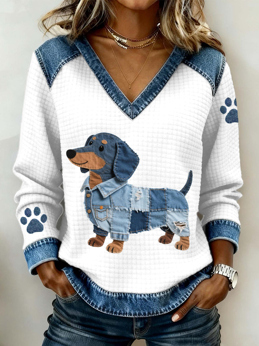 Helena | Overdel med denim patchwork og gravhundemotiv