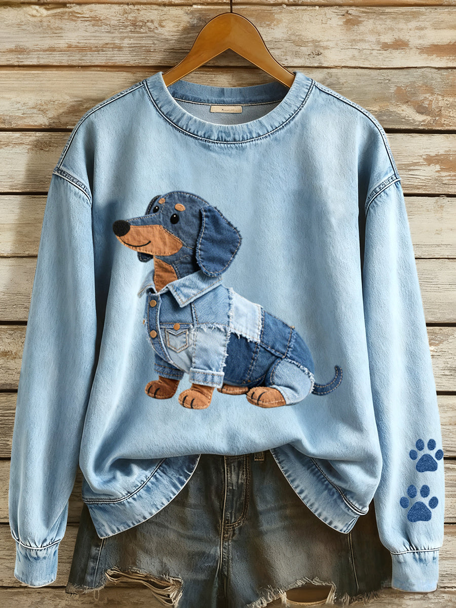 Nanna Sofie | Sweatshirt med denim patchwork og gravhundemotiv og kunstprint