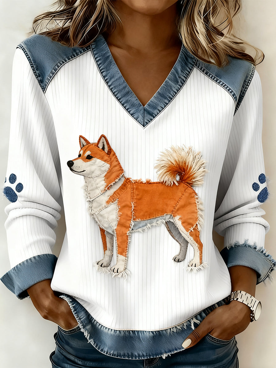 Thea Sofie | V-hals top med patchwork og dyreprint og kunstprint