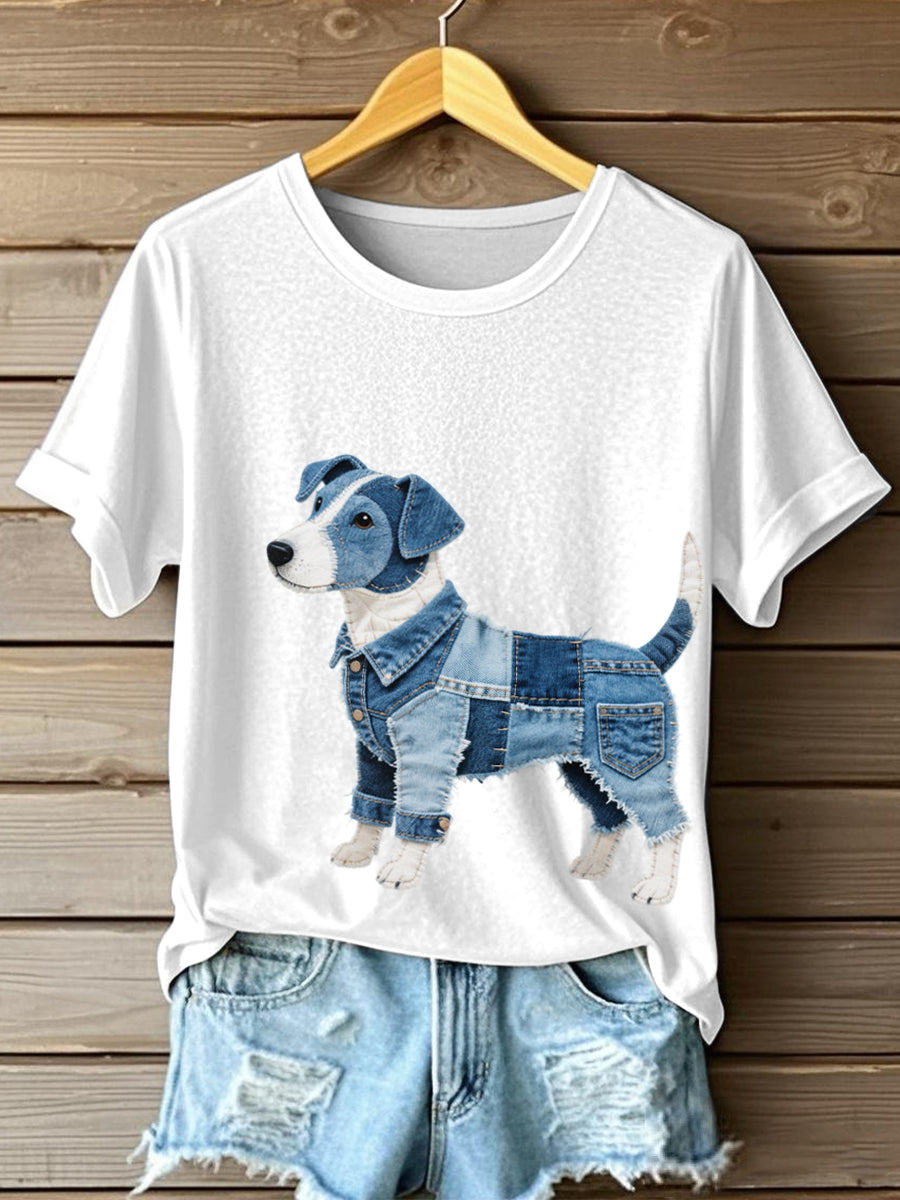 Matilde Marie | T-shirt med patchwork og Jack Russell terrier-motiv
