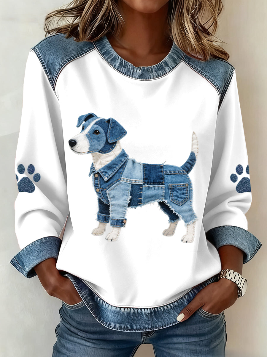 Birgitte | Sweatshirt med denim patchwork og Jack Russell terrier-motiv