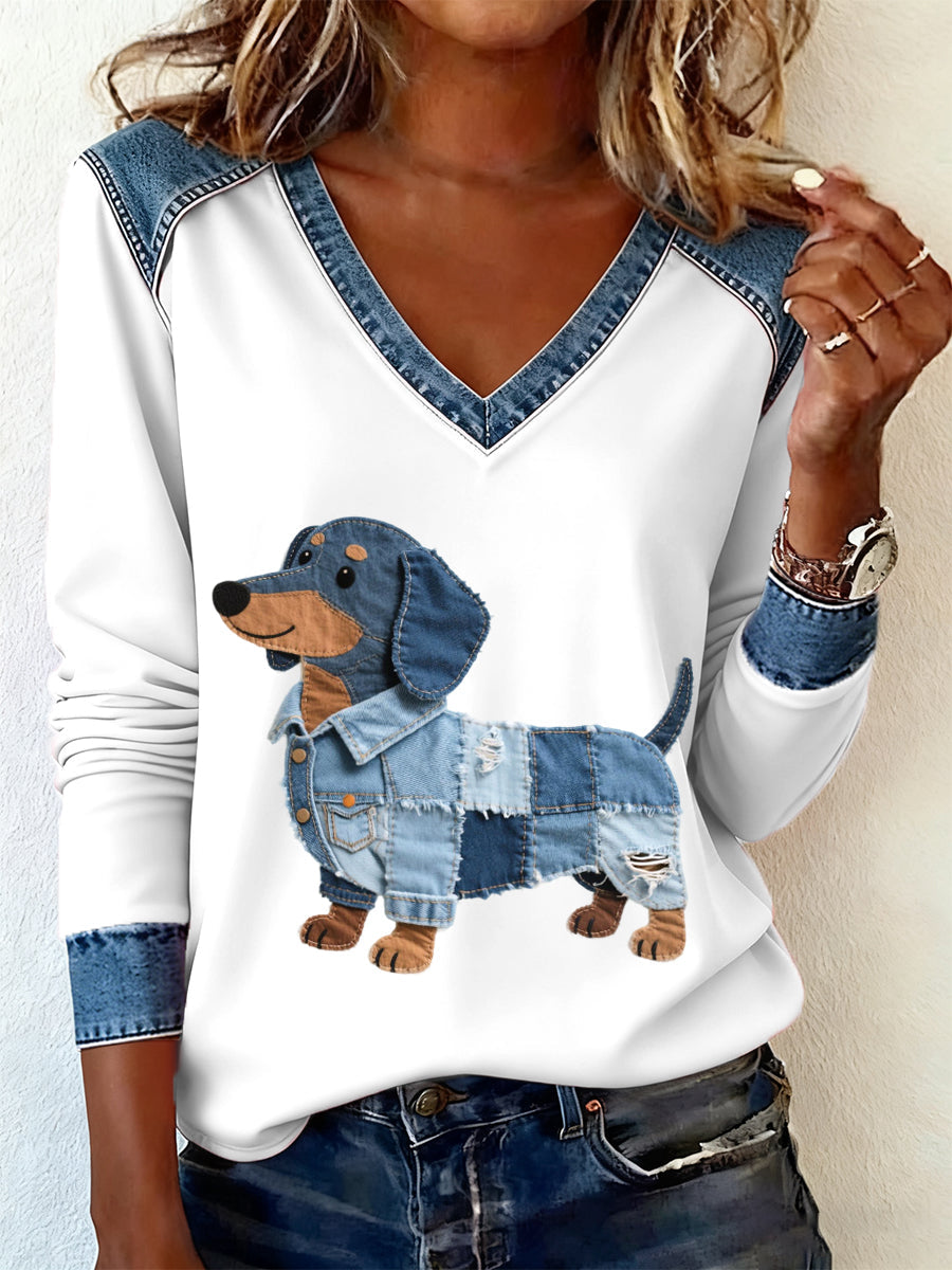 Josefine Sofie | Langærmet T-shirt med denim patchwork og gravhundemotiv og kunstprint