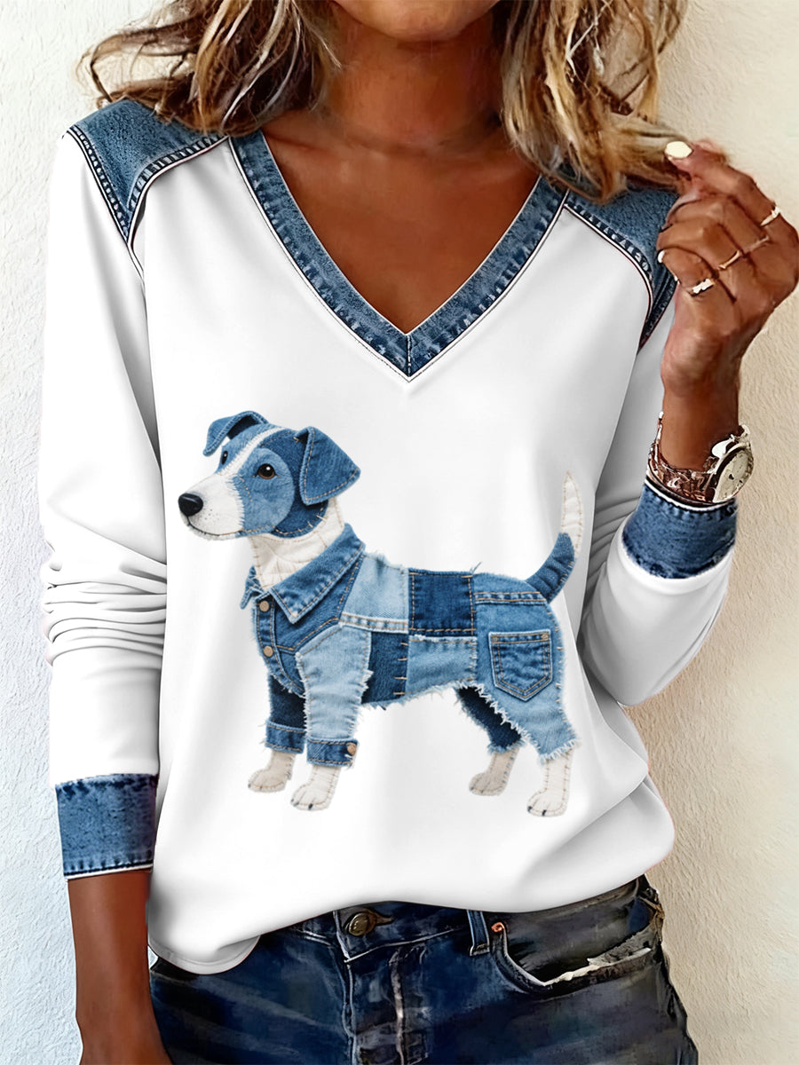 Felicia Marie | Langærmet T-shirt med patchwork og Jack Russell terrier-motiv