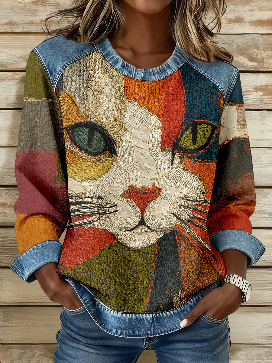 Nicoline | Bluse med kattemotiv og kunstprint