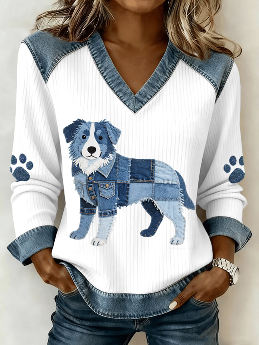 Mathilde Sofie | V-hals top med denim patchwork