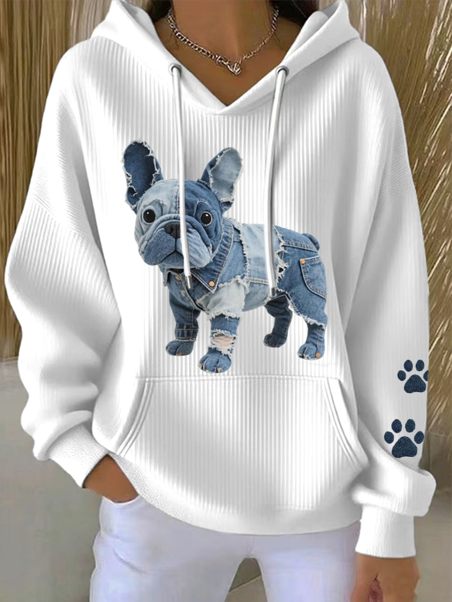 Luna | Hættetrøje med patchwork og fransk bulldogmotiv