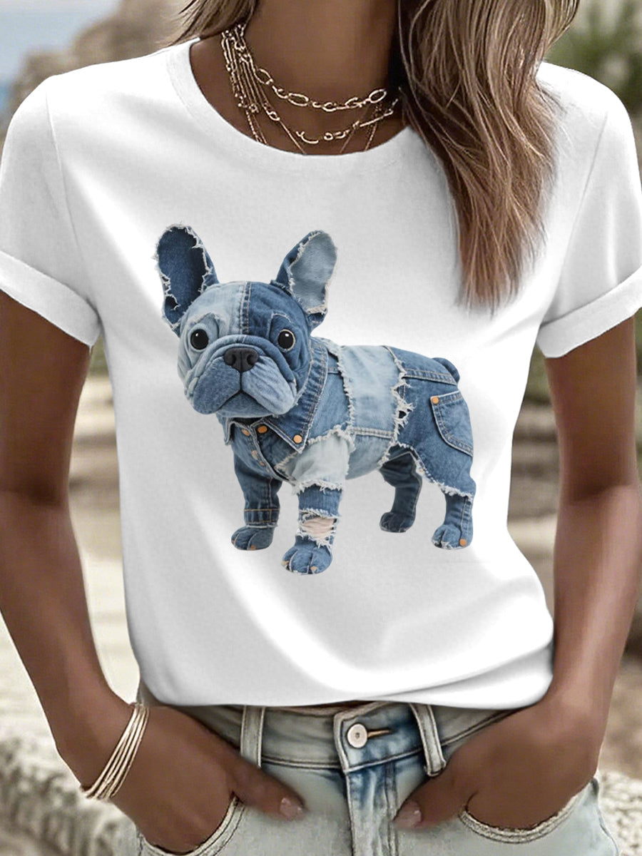 Liv Marie | T-shirt med patchwork og bulldogmotiv og kunstprint